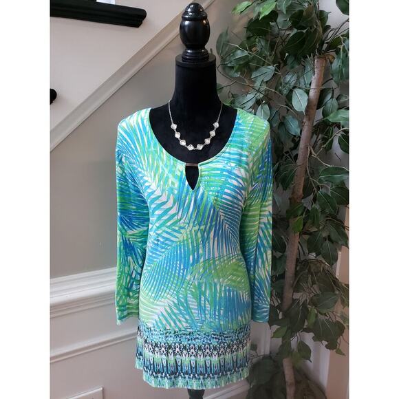 Ruby Rd. Blouse Top Womens XL White Blue Palm Leafs Side Slit Keyhole Round Neck - Picture 1 of 13